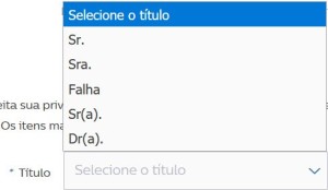 Dropdownliste für das Formularfeld "Título" mit den folgenden Auswahlmöglichkeiten in portugiesischer Sprache: "Selecione o título: Sr., Sra., Falha, Sr(a)., Dr(a)."